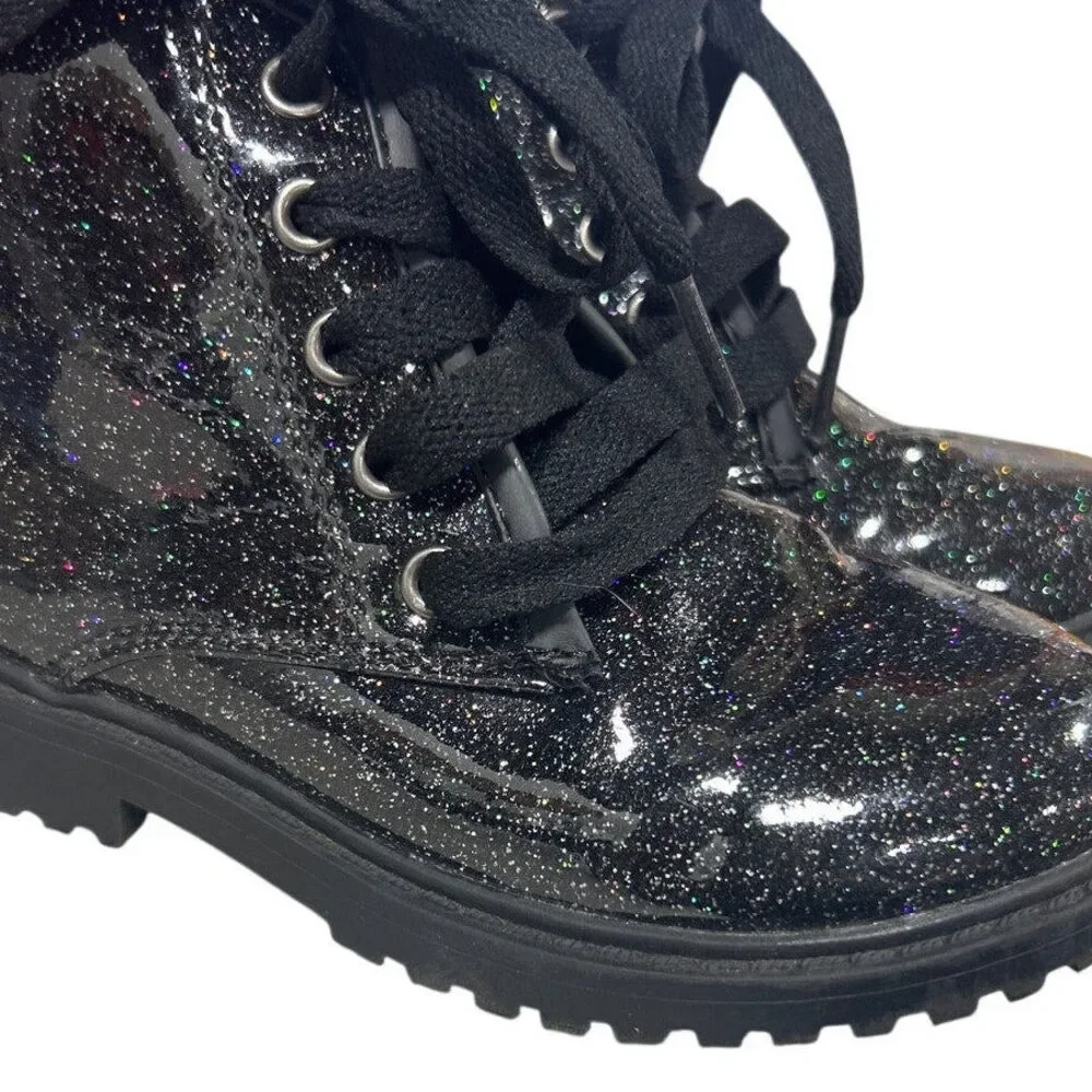 Fitory Girls Size 11 Black Sparkle Glitter Lace Up Side ZIp Ankle Combat Boots